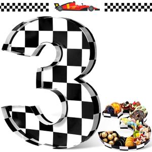 Mifoci 13.7" Race Car Cardboard Fillable Number Box for Charcuterie Fast Birthday Party Decor 1st 2nd 3rd 5th Number Shaped Box Black and White Checkered Snack Paper Mache Tray for Party Supplies (3)