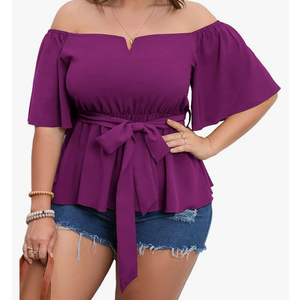 SCOMCHIC Women's Plus Size Off The Shoulder Peplum Blouse Top Half Bell Sleeve Tie Waist Ruffle Hem Babydoll Tops, Size XL