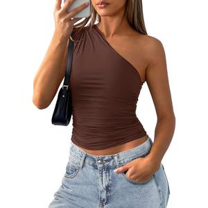 PRETTYGARDEN Womens Sleeveless One Shoulder Tank Top Ruched Slim Fit Shirts Basic Crop Y2k Tops 2026 Spring Fashion Clothing OEKO-TEX STANDARD 100, Medium