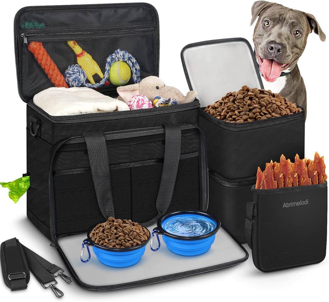 Abrimelodi 6 Set Dog Travel Bag, Large Pet Travel Kit for Supplies Includes 2 Food Containers, 1 Pet Organizer for Dogs, 2 Collapsible Bowls, 1 Treat Pouch, Dog Weekend Overnight Bag Luggage, Black