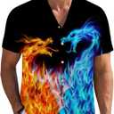 Blue Orange Dragon Mens Funny Hawaiian Shirts 3D Graphic Button Down Short Sleeve Tropical Holiday Beach Aloha Shirt (Black, XXL)