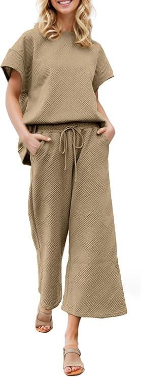 IFFEI Lounge Sets for Women Casual Two Piece Short Sleeve Pullover Tops and Wide Leg Pants Sweatsuit Set, Size M