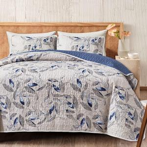 Joyreap 2 Pieces Microfiber Quilt Set, Botanical Blue Leaves on Light Gray Reversible Design, Bedspread Bed Cover for All Season, 1 Quilt and 1 Pillow Sham (Twin, 68x86 inches)