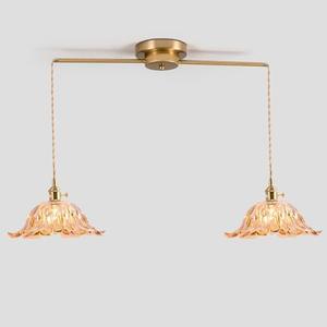 2-Lights Brass Vintage Pendant Light Fixtures, Modern Chandelier Pendant Light with Amber Flower Glass Lmapshade, Adjustable Hanging Lights for Kitchen Island Dining Room Hallway, E26,(Amber)