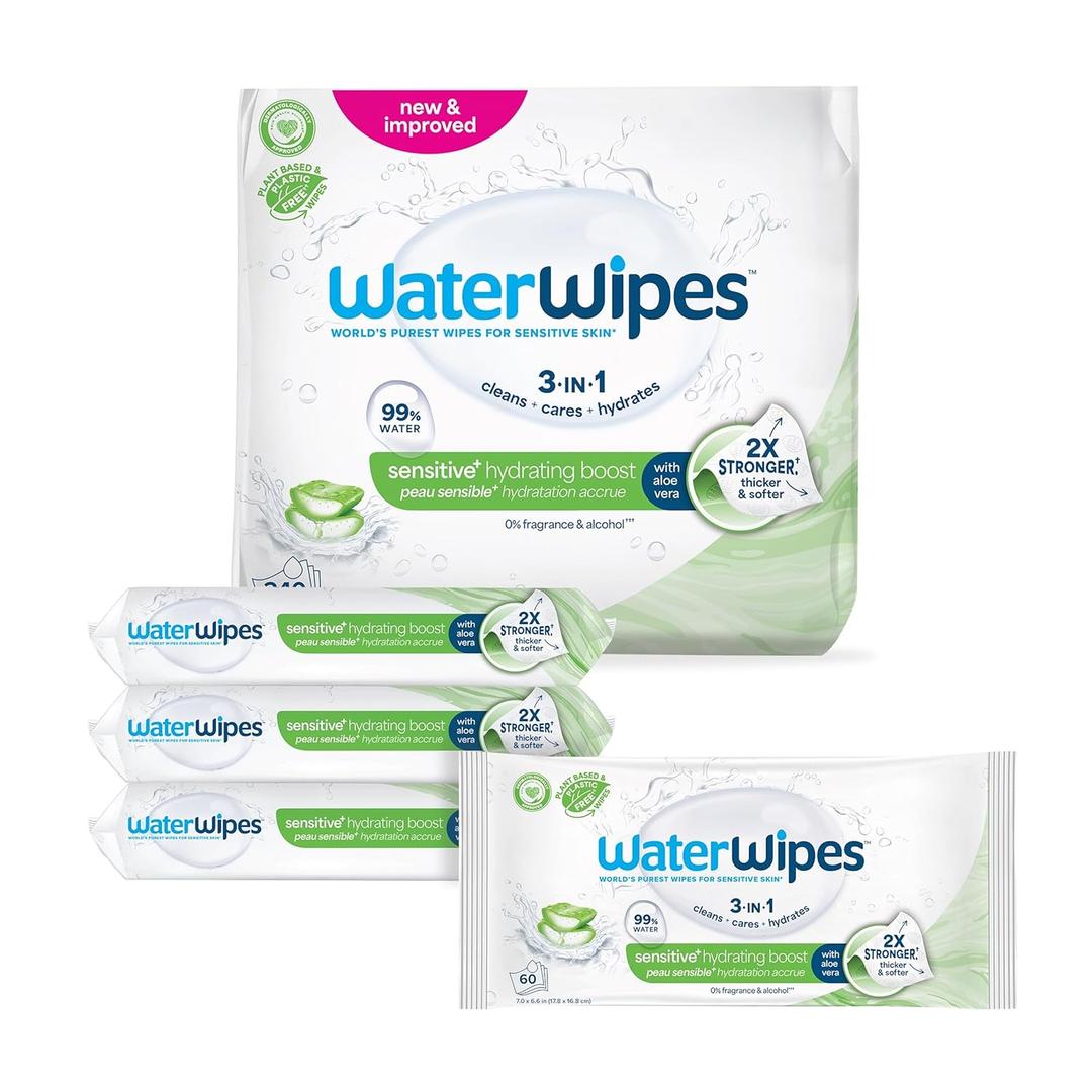 WaterWipes Sensitive+ Hydrating Boost Wipes, 3-In-1 Cleans, Cares, Hydrates, 99% Water with Aloe Vera, Unscented & Hypoallergenic Baby Wipes, 360 Count (6 Packs)