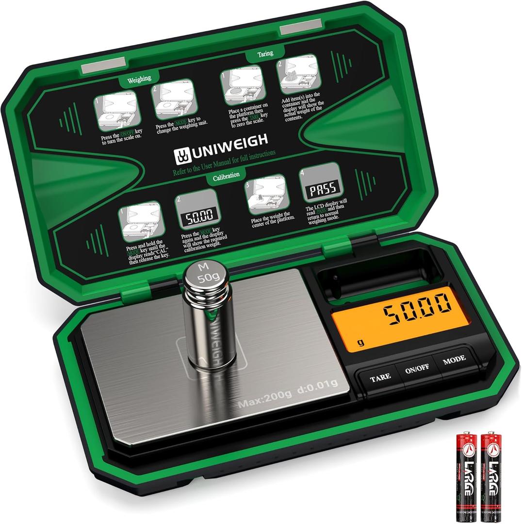 UNIWEIGH Digital Pocket Scale Precision 200g/0.01g, Digital Scale Grams Ounces, Mini Jewelry Scale, Coins Scale with 50g Cal Weights for Gold/Silver/Gems/Food,(Battery Included)-Green