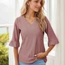 Womens 3/4 Flutter Sleeve Tops V Neck Shirts for Business Casual Loose Tunic Work Dressy Blouses (Medium, Pink)