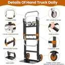 3-in-1 Folding Hand Trucks, 600Lbs Convertible Hand Truck Dolly, Heavy Duty Convertible Dolly with Retractable Handle and 4 Rubber Wheels, Collapsible Cart for Moving Office/Home/Warehouse(Orange)