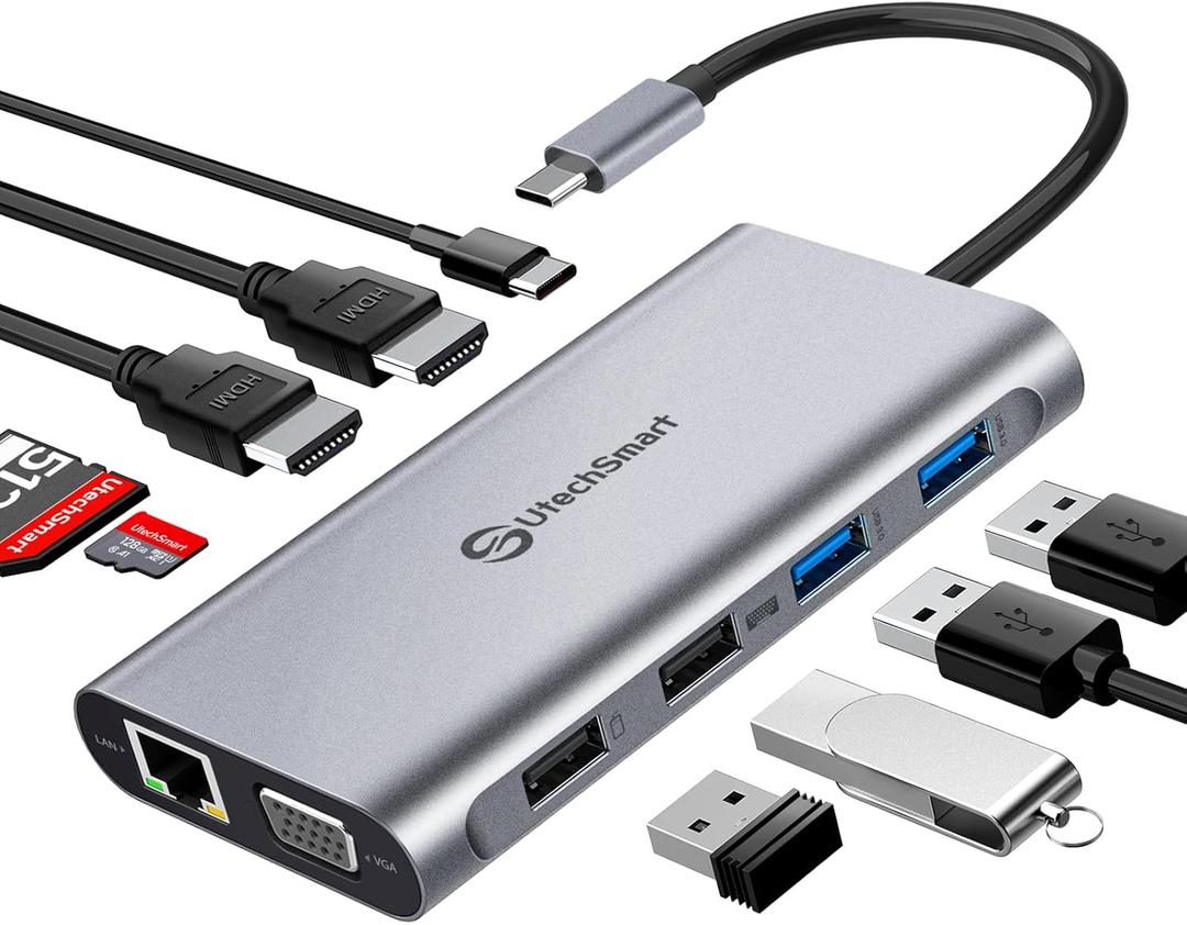USB C Docking Station Dual Monitor, UtechSmart 11 in 1 USB C Hub Triple Display, Laptop Dock with 2 HDMI, Ethernet, VGA, 100W PD, SD/TF Card Slot, 4USB for MacBook Dell HP Surface Lenovo ASUS (Gery)