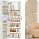 SONGMICS Jewelry Organizer, LED Jewelry Cabinet Wall/Door Mounted, Lockable Rounded Wide Mirror with Storage, Interior Mirror, 3.9 x 16.5 x 55 Inches, White Surface with Greige Lining