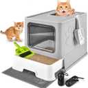 Cat Litter Box with Litter Mat, Foldable Extra Large Free in and Out/One-Way with Lid, Drawer Type Enclosed Kitty Litter Box,Odor Control Anti-Splashing Easy Cleaning (Light Grey)