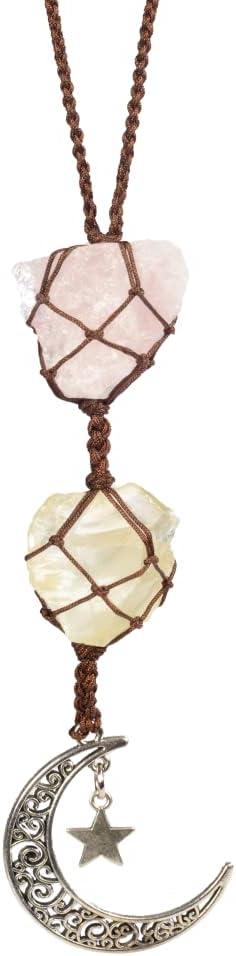 Hanging Car Ornament Natural Gemstone Healing Crystals Ornaments Moon and Star, Rearview Mirror Decoration Home Decor (Citrine+Rose Quartz)