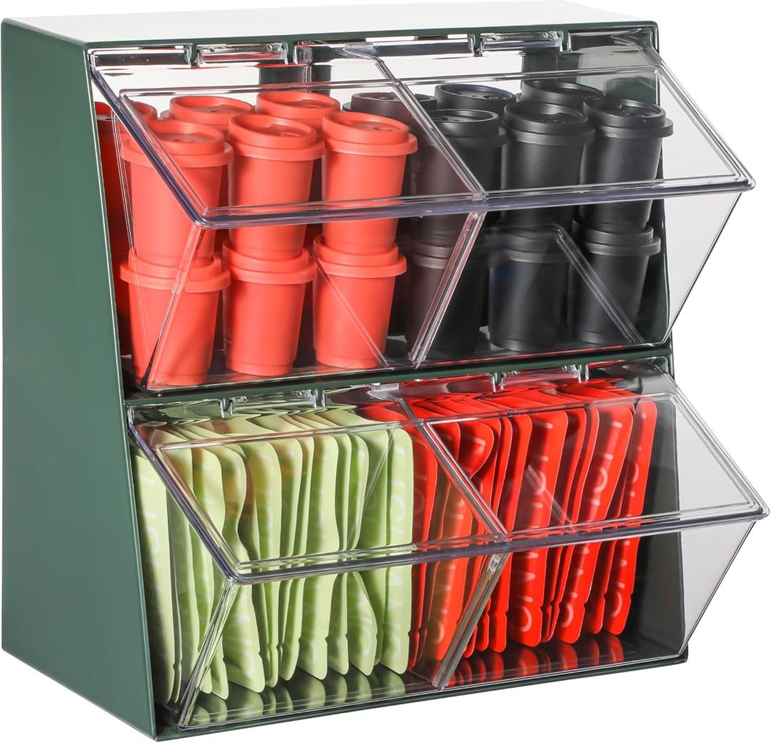 Tea Bag Organizer - Stackable Tea Box for Tea Bags & Coffee Pods, Acrylic Tea Holder Organizer, Kitchen Pantry & Tea Bag Storage Solution, Space-Saving Tea Organizers and Storage (4 Grids)