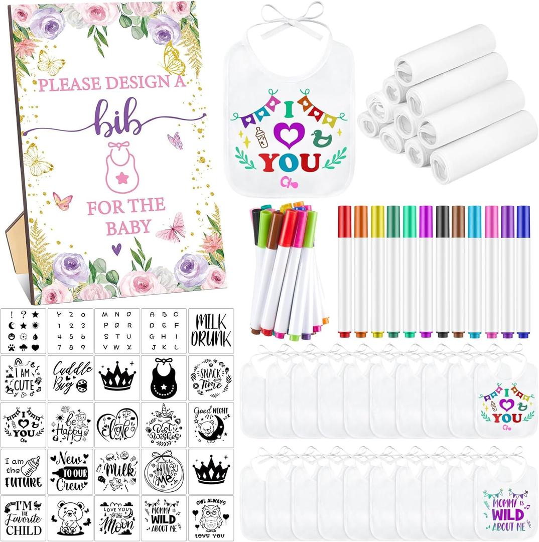 Panitay 100 Pcs DIY Baby Bibs Decorating Kit 50 White Bibs 25 Stencils 24 Fabric Markers 1 Baby Shower Game Sign