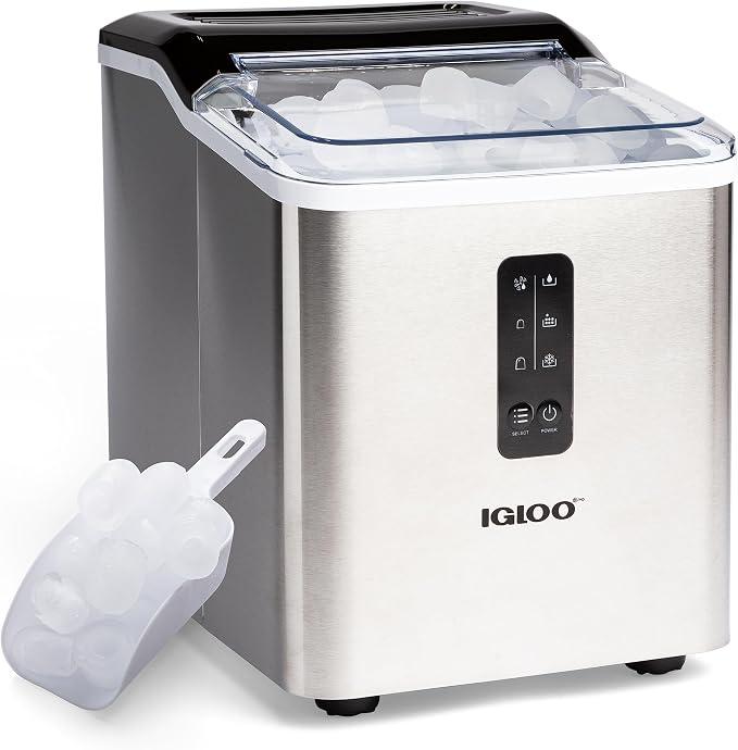 Igloo Portable Ice Maker with Scoop - Ice Maker with LED Control Panel & 1.5 Quart Water Tank - Stainless Ice Cube Maker Produces 26 Lbs. of Ice in 24 Hours with 9 Large or Small Cubes in 7 Minutes