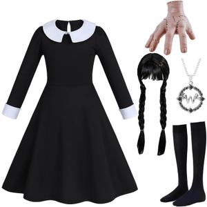 6pcs Girls Halloween Costume Girls Black Dress Long Sleeve with Wig Necklace Sock 3-14Y