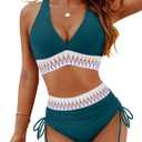 Blooming Jelly Women High Waisted Bikini Sets Tummy Control Swimsuits Color Block Two Piece Drawstring Bathing Suit (X-Large, Blue Green- New)