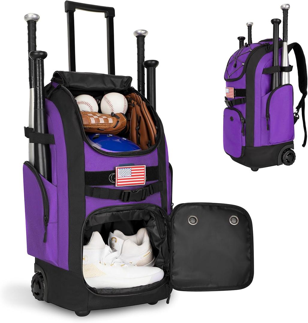 Rolling Baseball Bag with Wheels, 60L Capacity Wheeled Softball bag with Shoe Compartment for Youth & Adult, Bat bag with Hidden Straps,Fence Hook,Holds 4 Bat, Helmet, Glove (Purple)