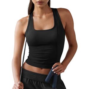 Fisoew Womens Square Neck Sleeveless Tank Top Built-in Bra Racerback Tank Fitted Y2K Basic Workout Crop Tops (Black, XL)