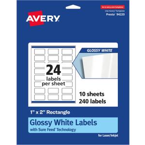 Avery Glossy White Rectangle Labels, Sure Feed Technology, 1" x 2", 240 Glossy White Labels, Print-to-The-Edge, Permanent Adhesive, Laser/Inkjet Printable