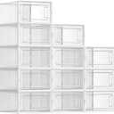 SONGMICS Shoe Boxes, Pack of 12 Shoe Storage Organizers, Stackable Clear Plastic Boxes for Closet, Sneakers, 9.1 x 13.1 x 5.6 Inches, Fit up to US Size 11, Transparent and White ULSP12SWT