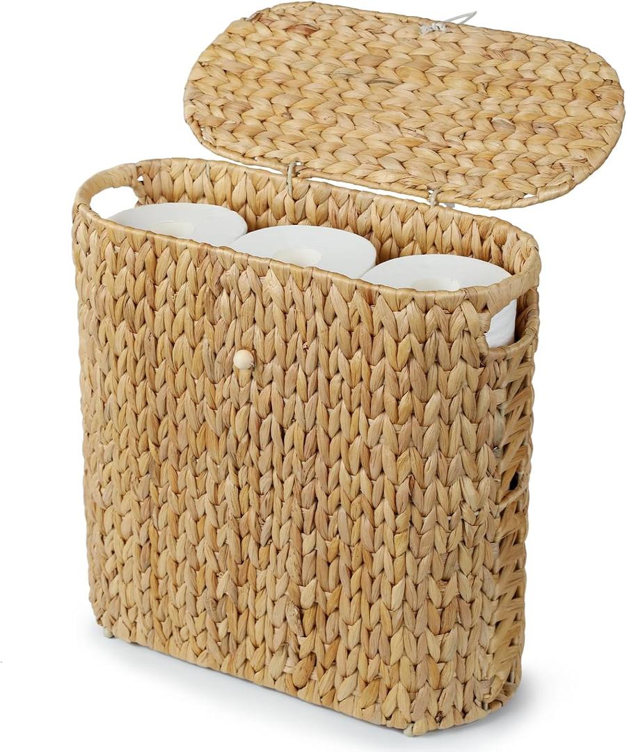 YANGQIHOME Toilet Paper Storage, Water Hyacinth Toilet Paper Storage with Lid, Papers Container for up to 9 Mega Rolls, Bathroom Basket Organizer