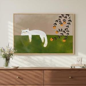 Large Framed Cozy Cat Neutral Green Canvas Wall Art Bedroom, 24x36 Inch