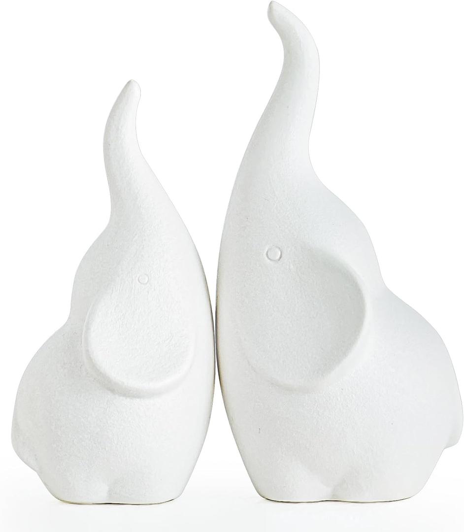 Ceramic Elephant Figurines with Trunk Up,Ring Holder,Elephant Statue African Home Decor,A Pair of Small Lucky Sculpture,Ideal for Gifts Women,Valentine Decor and Christmas (White)