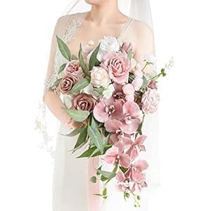 Ling's moment Dusty Rose Bridal Bouquet Cascading, Pink Wedding Bouquets for Bride, 15 Inch Bride Bouquet Orchids Artificial Wedding Flower Bouquet