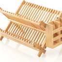 QUEENKAY Dish Drying Rack Collapsible 2-Tier Bamboo Dish Rack for Kitchen Counter Wooden Dish Drainer with Foldable Space-Saving Design for Dishes, Plates, and Cups