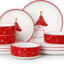 MALACASA Plates and Bowls Sets, 12 Pieces Christmas Porcelain Dinnerware Set for 4, Ceramic Dishware Dishes Kitchen Dining Ware Set, Microwave and Dishwasher Safe, Series LUNA-Christmas Tree