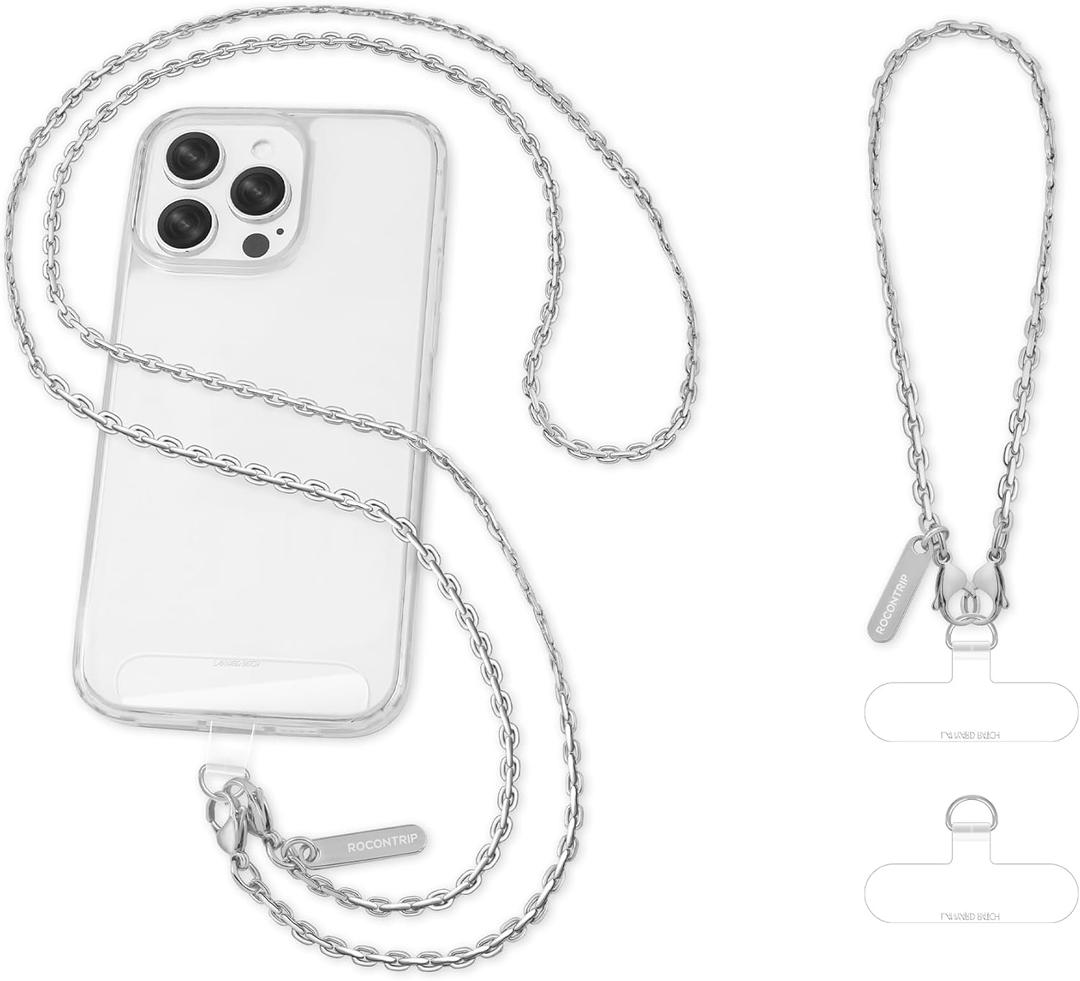 ROCONTRIP Metal Phone Chain Set Including Crossbody Phone Lanyard and Wrist Strap with 2*Tether Tabs Detachable iPhone Chain Strap Non-rust,Unbreak iPhone Wristlet Strap for Women Travel Essentials (Extended, Silver)