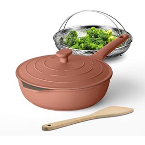 Always Nonstick Multipurpose Saute pan,All-in-One Pan,Large Skillet with Strainer,Deep Frying Pan with Lid(11-inch), PFOA Free non stick,Dishwasher and Oven Safe (Terracotta) (4pc)