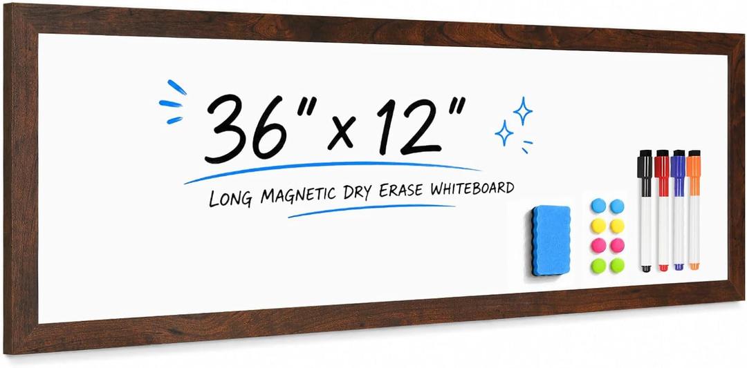 Long White Board, 36" x 12" Magnetic Dry Erase Board, Brown