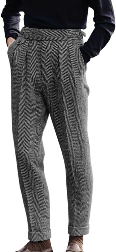 Men's High Waisted Tweed Dress Pants Pleated Front Vintage Wool Trousers (36W x 30L, Grey)