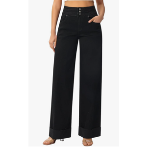 roswear Women's High Waisted Stretchy Wide Leg Jeans Cuffed Baggy Jeans Loose Denim Pants Black L