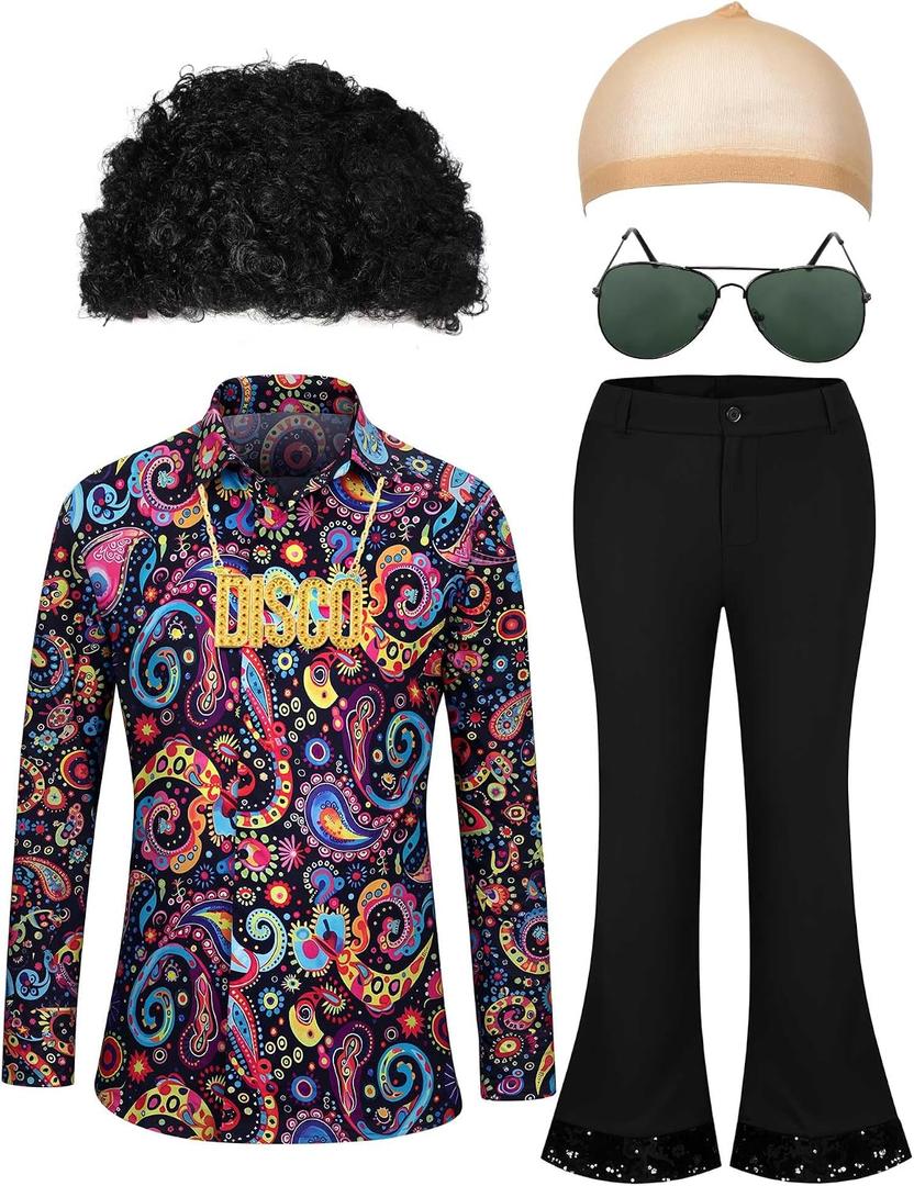 Mepase 6 Pcs Men 70s Disco Costumes Include Retro Shirt Bell Bottom Pants Wig Sunglasses Necklace Wig Cap for Disco Party (Black)