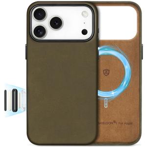 SHIELDON Top Grain Crazy Horse Leather Case for iPhone 17 Pro Max 6.9" 2025, [Camera Button Updated], Compatible with Magsafe, Magnetic Wireless Charging, Metal Button, Slim Protective Cover - Khaki