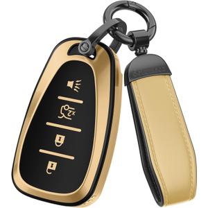 2 x For Chevy Key Fob Cover Accessories- Matte TPU Key Fob Cover with Leather Keychain for Equinox Malibu Camaro Cruze Blazer Traverse Trax and More. (Champagne Gold, 4-Buttons)