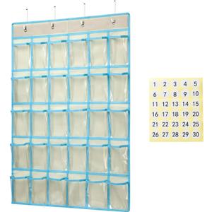 KEEPJOY Classroom Pocket Charts for Cell Phone Calculator Holders, Pocket Organizer for Cell phone Jail with 30 Clear Pockets chart Size 33.5 x 24.5 Inch Classroom Pocket Storage (Beige-30pockets)