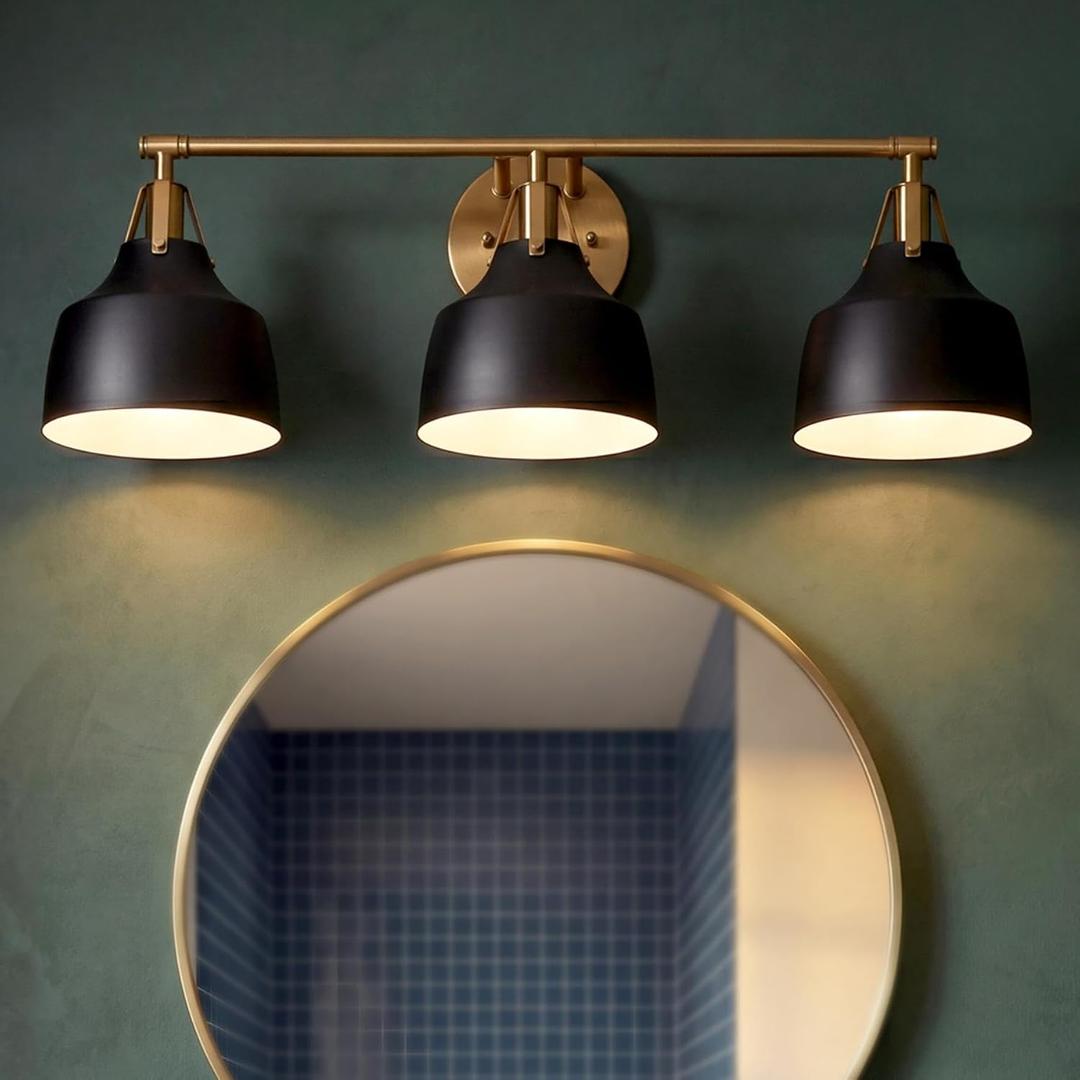 Tribesigns 3 Light Bathroom Vanity Light, 24" Black and Gold Bathroom Light Fixtures with Metal Shade, Modern Vanity Lighting Fixtures Over Mirror