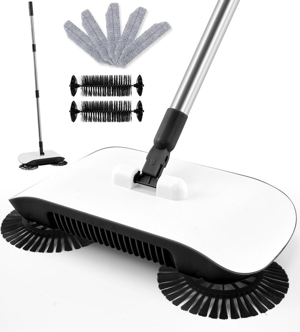 Manual Floor Sweeper Black - 7 Replacement Parts, Dry Wet Pickup for Hardwood Tile Marble, Pet Hair Small Debris Cleaner, No Power Needed, Home Office Use