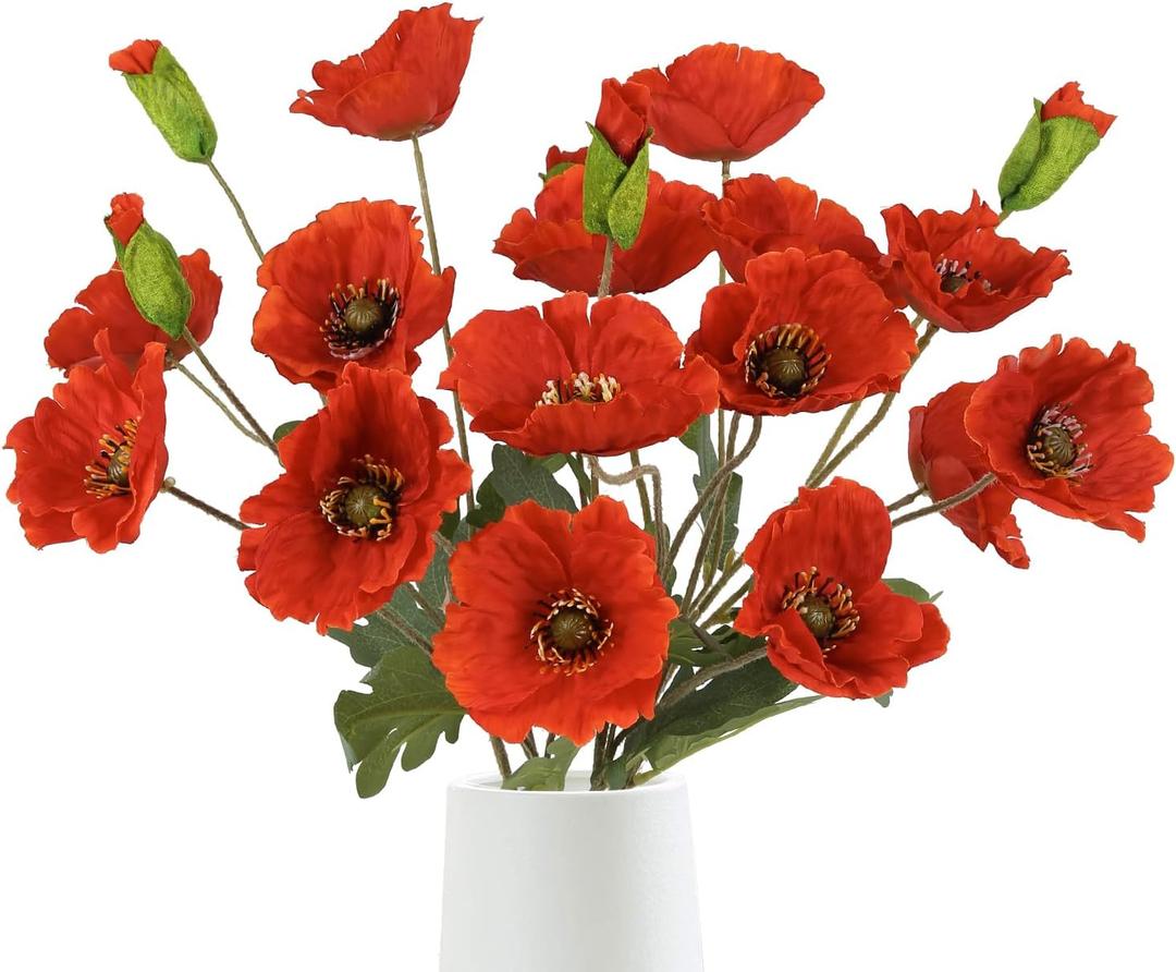 Red Poppy Flowers Artificial 5PCS 20Heads Fake Poppies Realistic Faux Silk Flowers with Stems for Vase Centerpiece Wedding Party Garden Home Decoration (Red)
