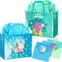 Jaywayang 2Pcs 12.6" Happy Easter Gift Bags with Tissue Paper, Envelope and Card, Reusable Non-Woven Bag with Handles for Kids Easter Party Supplies (Blue, Cyan)