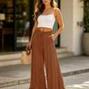 YESNO Women Wide Leg Pants Summer Flowy Ruffle Hem Pants Drawstring Elastic Waist Casual Trousers with Pockets PFL (Brown, L)