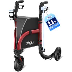 VOCIC 3 Wheel Walkers for Seniors, Z25 Foldable Rollator with 8" All Terrain Tires, Cane Holder & Cup Holder, Lightweight Three Wheel Rolling Walker Height Adjustable, Supports 300 lbs