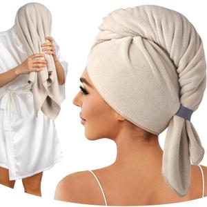 Umisleep 100% Microfiber Hair Towel, 41" x 22" Super Absorbent Hair Care Towel, Ultra Soft Hair Towel Wrap with Elastic Loop, Large Curly Hair Towel for Women Long, Thick Hair, Camel (Medium)