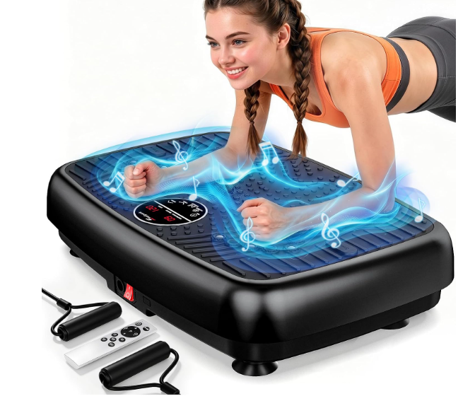 Vibration Plate Exercise Machine, Powerful Dual Motor Vibration Plate for Lymphatic Drainage & Speaker with Music, Magnetic Massage, Weight Loss & Full Body Workout, Resistance Bands,450 Lbs Capacity
