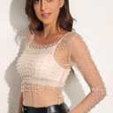 Women's Pearl Rhinestone See Through Long Sleeve Mesh Blouse One Piece Cover Up Halloween Festival Crop Top