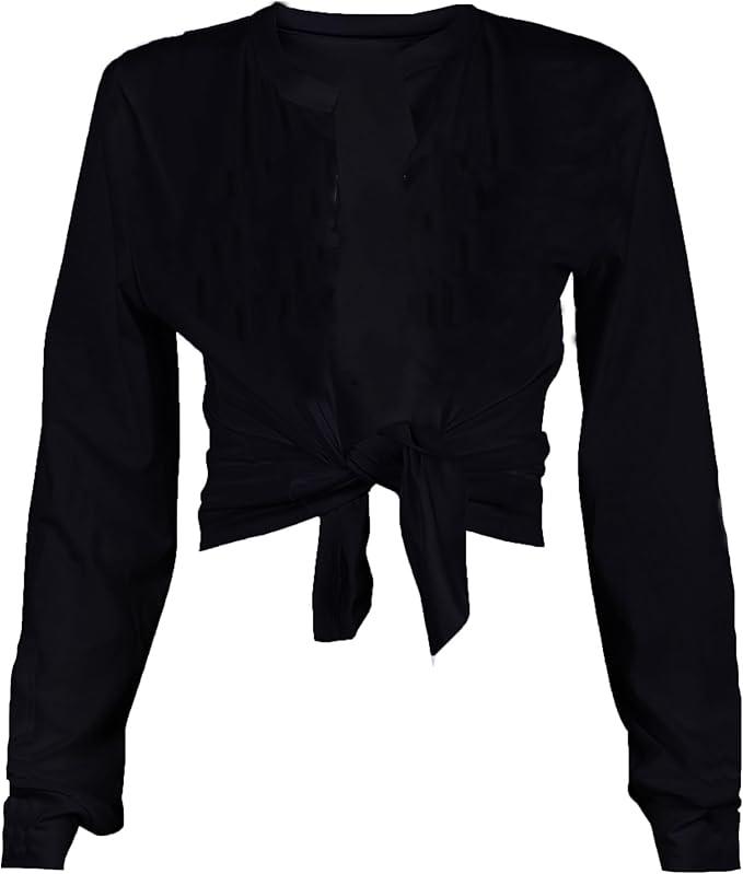 Sexy Tie Front Crop Top for Women Long Sleeve Graphic Tee Shirt Clubwear (XL, Black)